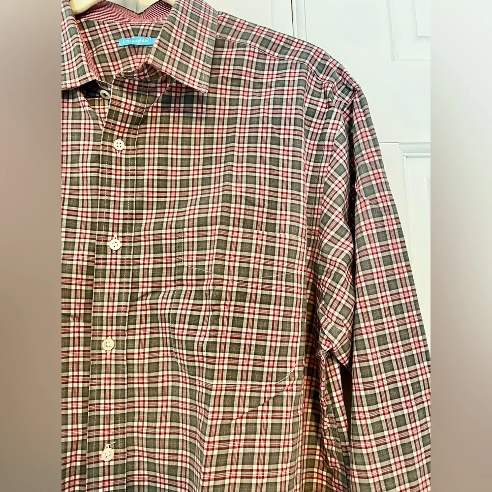 J.McLaughlin Men’s 100% Cotton Plaid‎ Button-Up Shirt Maroon Grey Large NWOT
